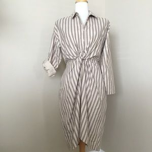 Moon River Stripe Midi Dress Tan & Black Tab Sleeves Size S